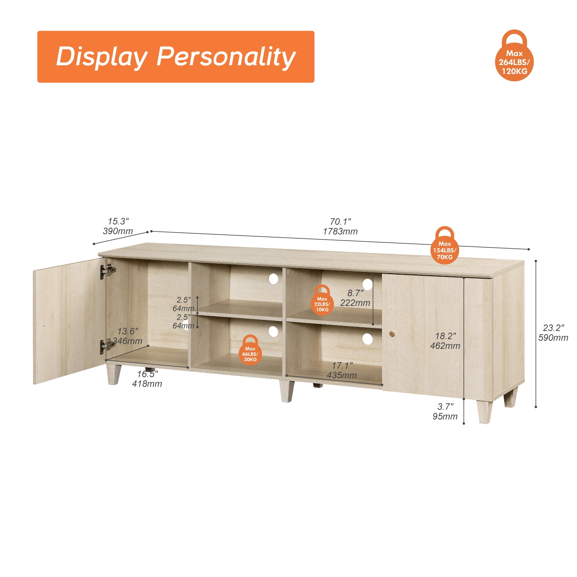71" Wide TV Stand Cabinet for 75+ Inches TVs, Modern Wood Low Media Console with Door & Shelves, White Oak