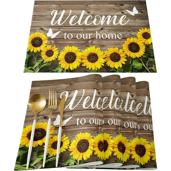Placemats for Dinning Table Set of 6 Waterproof Cloth Table Mats, Cotton Linen Place Mats Fabric Dinner Mat, Sunflower Inspirational Quote-Welcome, Table Decor Easy Clean Machine Washable