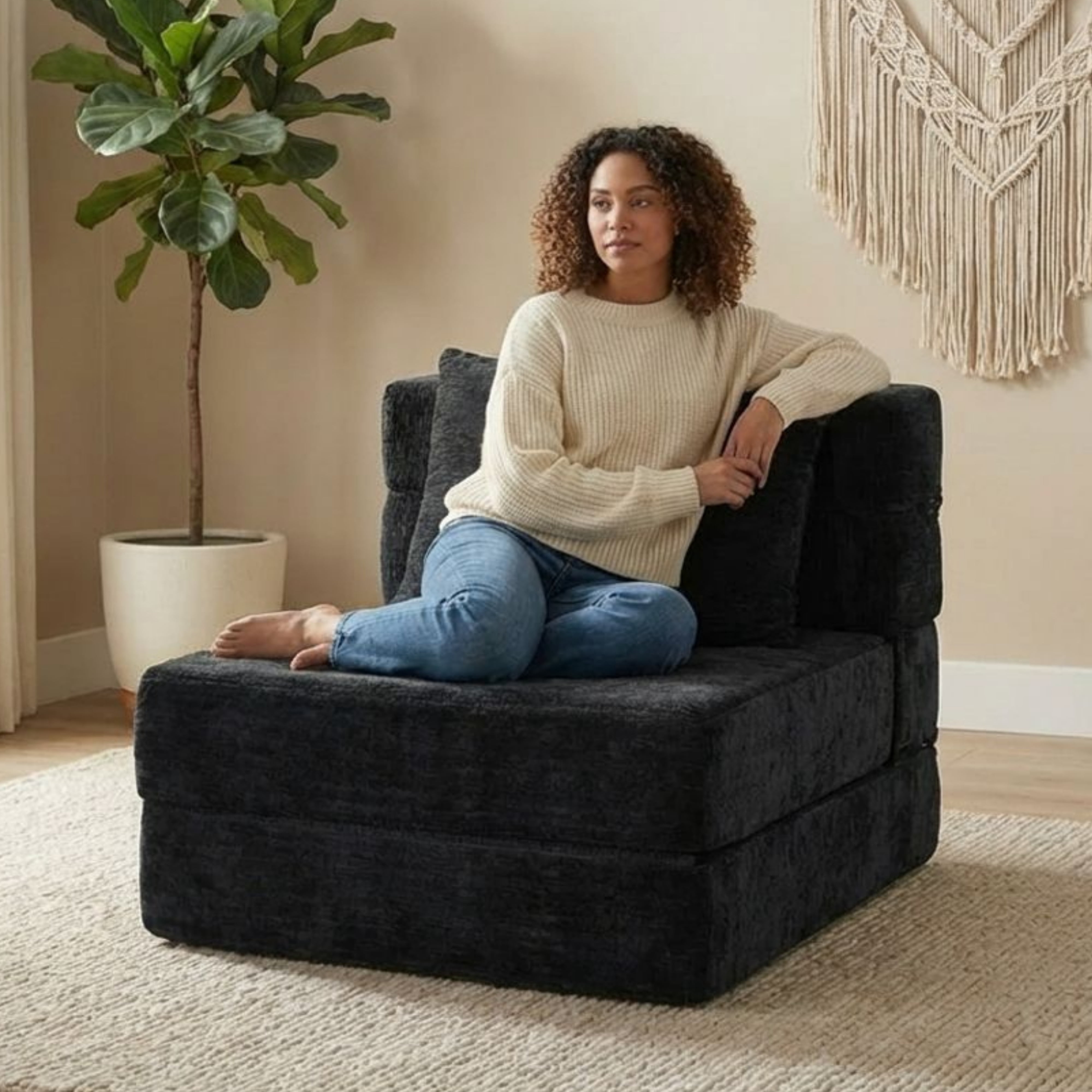 Oak and Birch 3-in-1 Folding Floor Sofa Bed, Convertible Floor Sofa to Chaise & Sleeper with Lumbar Pillow for Apartment, Dorm & Small Spaces, Chenille, Black
