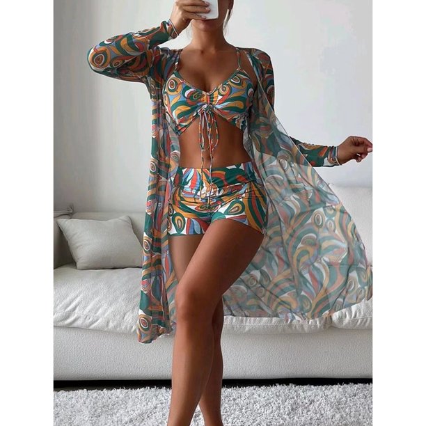 3PCS Tropical Bikini De Cintura Alta Tres Piezas Mujeres Sexy Manga Larga Cubierta Traje De Baño 2023 Verano Push Up Beach Ropa De Playa