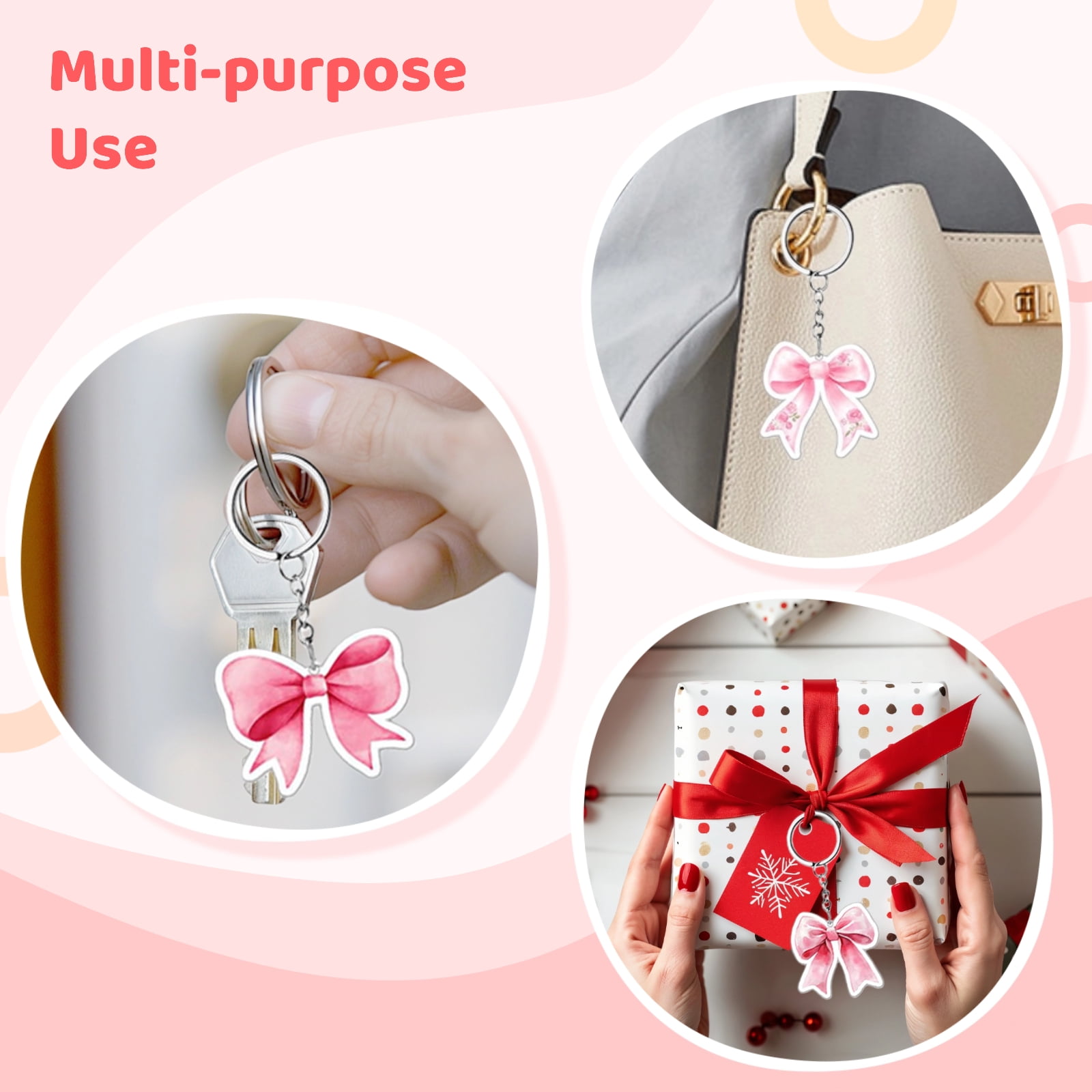 100PCS Pink Bow Party Favors, Acrylic Pink Bow Keychains, 20 Unique Designs, Cute Bag Charm Accessories with Sturdy Metal Rings, Ideal for Present Bag, Candy Boxes, Party Supplies