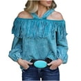 thumbnail image 2 of Njoeus Long Sleeve Tees for Woman, Women Sexy Fringe Off Shoulder Shirt Blouse Casual Women's Long Sleeve Halter Tunic Tops, 2 of 8