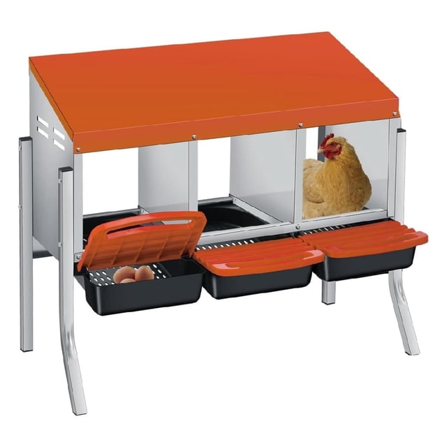 3-hole galvanized steel chicken nesting box con legs - automatic roll-out egg collection, removable tray, weatherproof wall-mount laying box con perch hens, easy to clean y assemble coop - orange