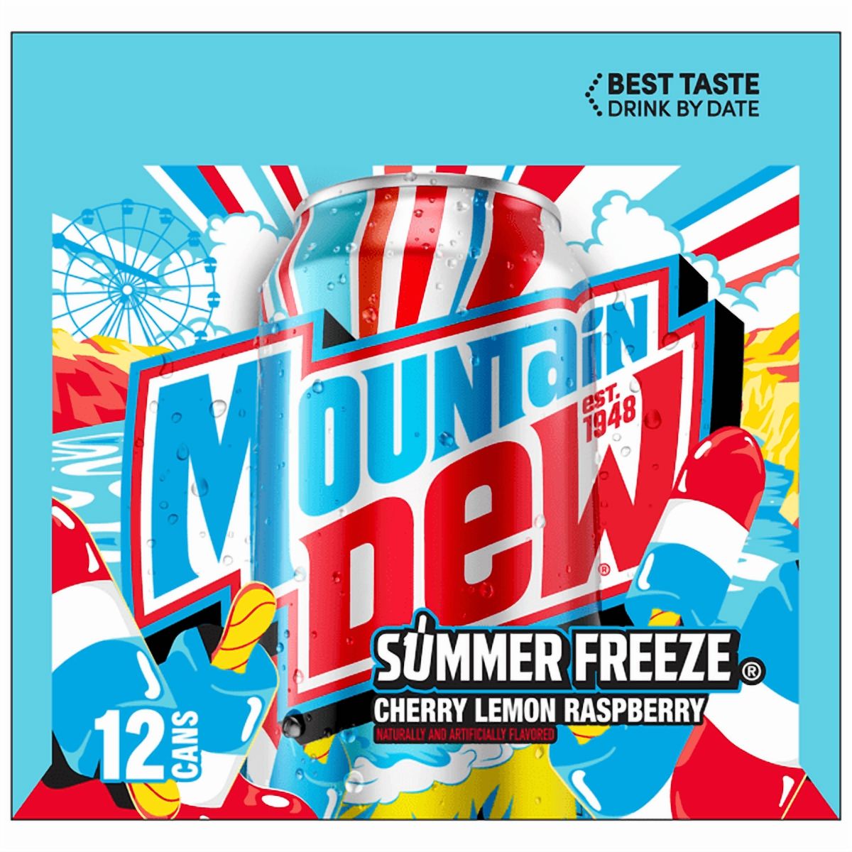 Mountain Dew Summer Freeze Soda, 12 fl oz Cans, 12 Pack – Limited Edition Red, White & Blue Flavor