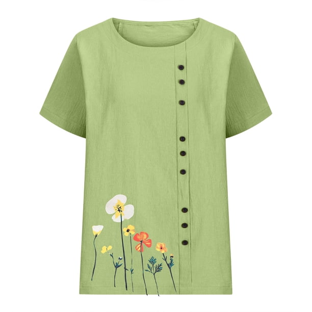 Tops de Manga Corta de Verano para las Mujeres Cuello Redondo Impreso Botón Superior Camiseta de Imitación Rack, Blusa de Moda Casual para el Uso Diario