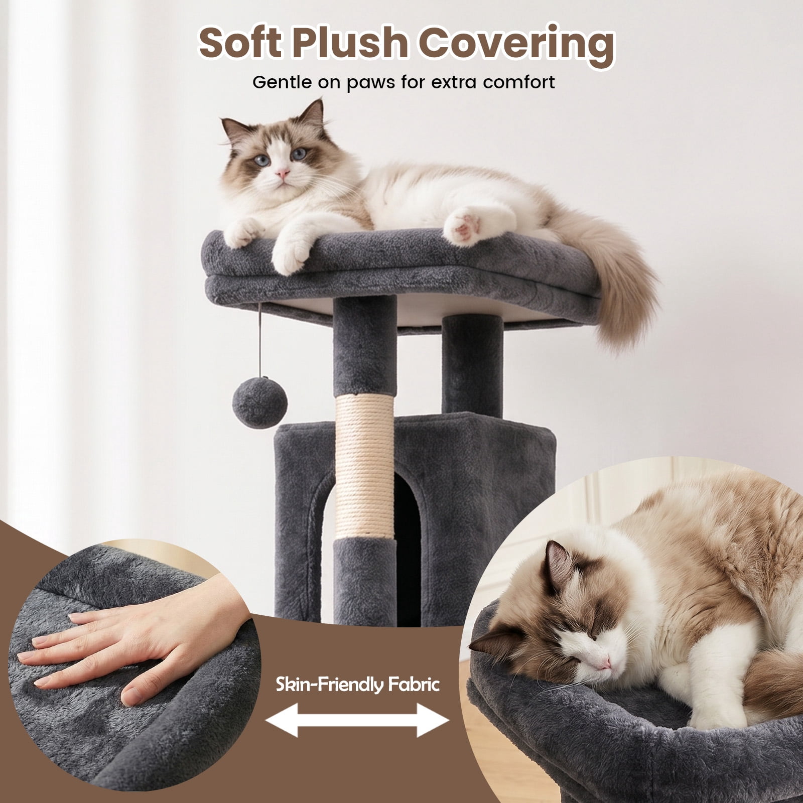 70" Cat Tree Tower, Heavy Duty Cat Tower for Multiple Adult Cats, Multi-Level Tall Cat Tree with 2 Condos, Hammock and Scratching Post for Indoor Kitties, Light Grey