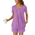 thumbnail image 2 of Diufon Plus Size Womens Pjs Sets Round Neck Button Short Sleeve Tops Solid Color Shorts Sets with Pockets, 2 of 7