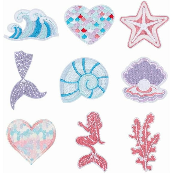 9 Pcs 9 Styles Iron on Patches for Clothes Ocean Theme Sea Shell Iron on Patches Seashell Pearl Sew on Embroidered Applique for DIY Backpacks Hats Jeans Jackets