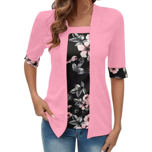 Womens Tops, Half Sleeve Faux Two-Piece Top for Women Print Square Neck Fashion Casual Work Daily T Shirt Summer 2026 Pink XXL