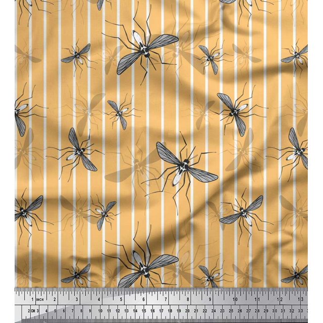 Soimoi Orange Rayon Fabric Stripe & Mosquito Insects Print Fabric by Yard 56 Inch Wide