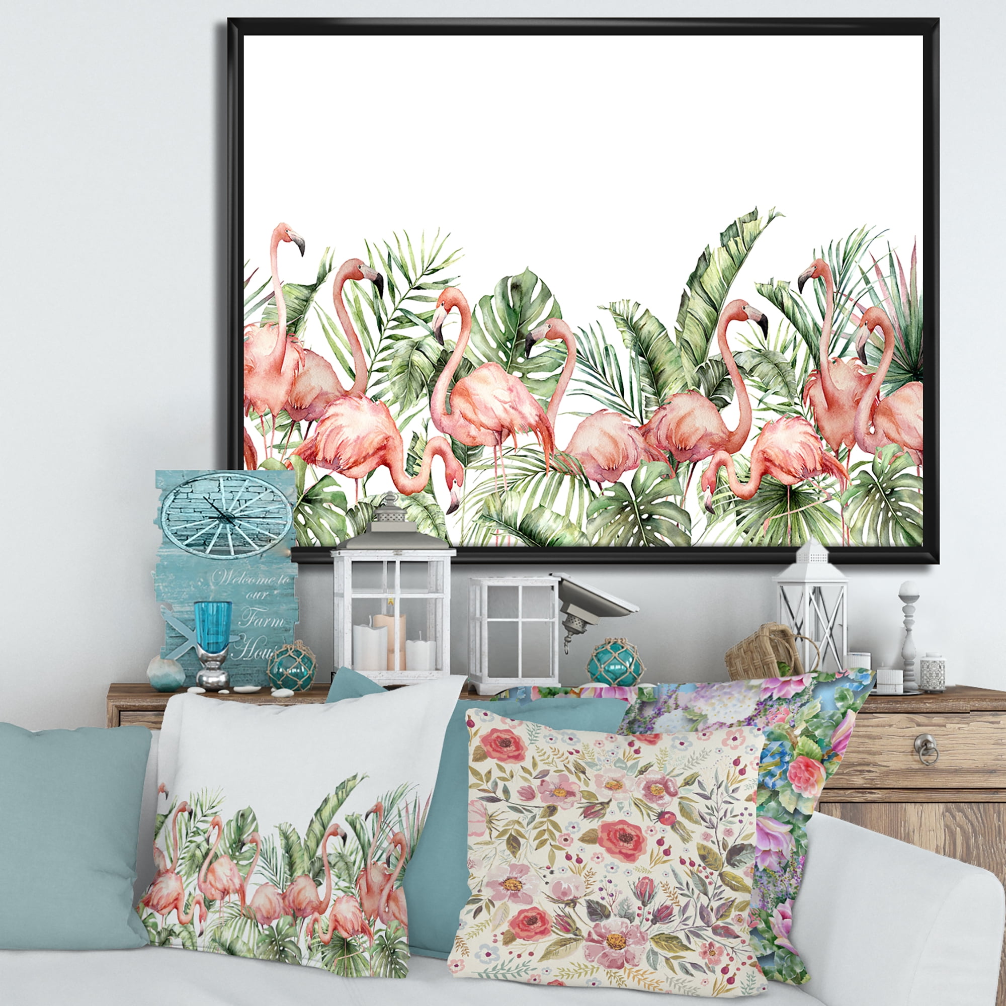 Designart 'Palm Leaves and Pink Flamingos Tropical Birds' Traditional Framed Canvas Wall Art Print