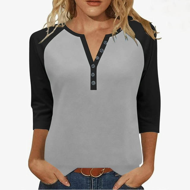 Tunique Henley pour Femme 2025 - Blouse Boutonnée en Coton Raglan à Manches 3/4 / Chic