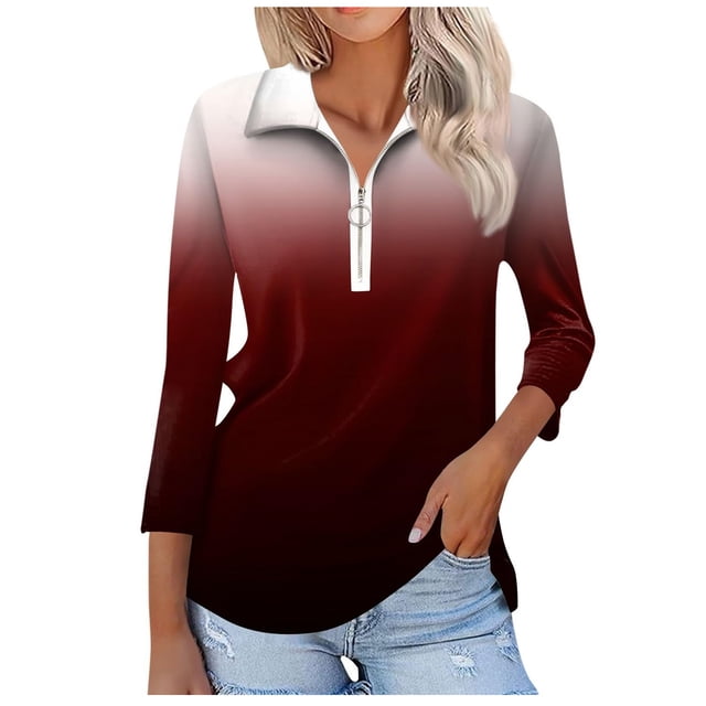 T-shirts pour Femmes Mode Féminine T-Shirt Imprimé Manches 3/4 Blouse Col Rabattu Décontracté