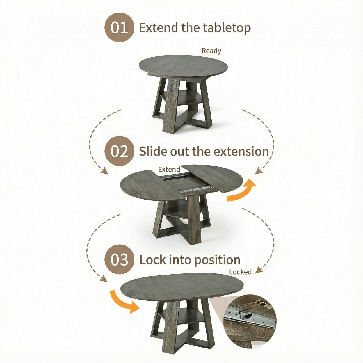 43.3"-59" Extendable Round Dining Table for 4-8, Modern Farmhouse Oval Kitchen Table with Storage Shelf, Wood Pedestal Base, Space Saving Dining Room Table, Gray
