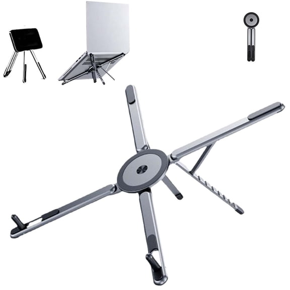 4‑In‑1 Foldable Magnetic Device Stand, Adjustable Aluminum Laptop Stand with Magnetic Phone Mount for 10‑16 Inch Laptops Home Office