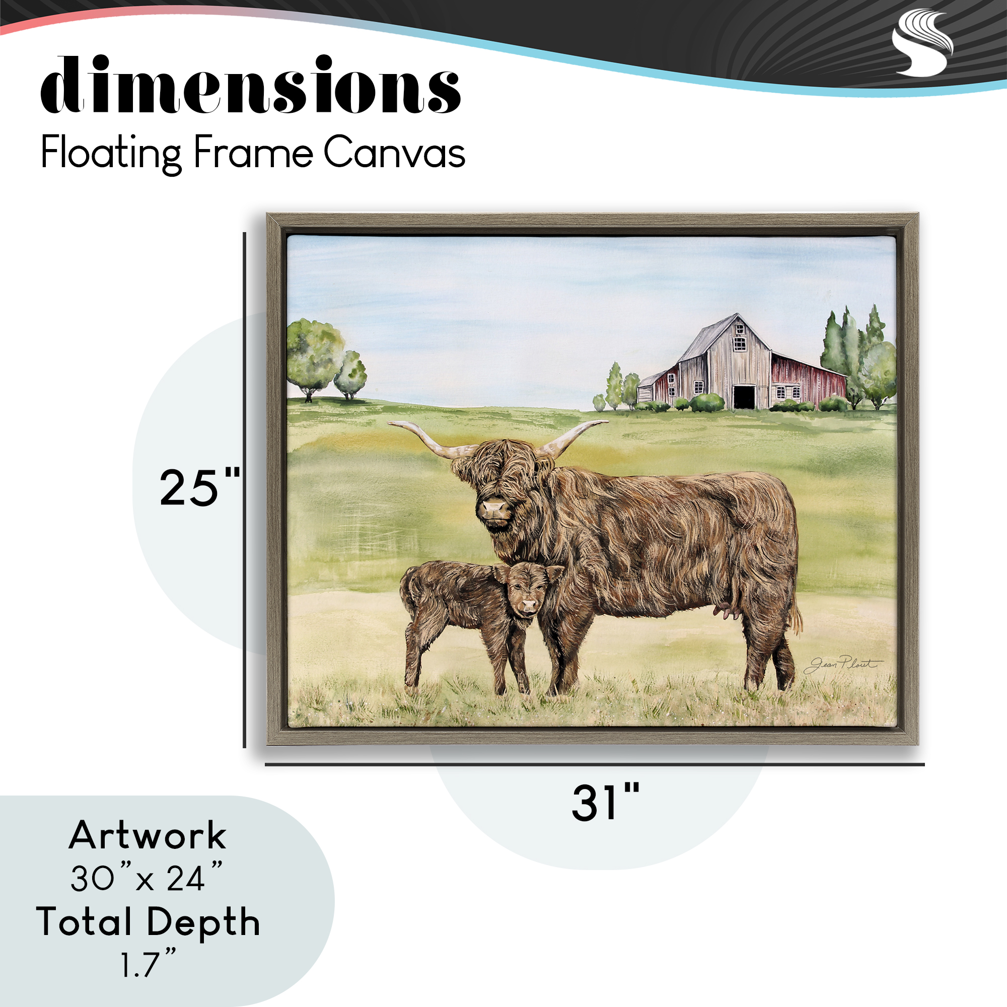Highland Cow And Calf Brown Framed Floater Canvas Wall Art, design by Jean Plout