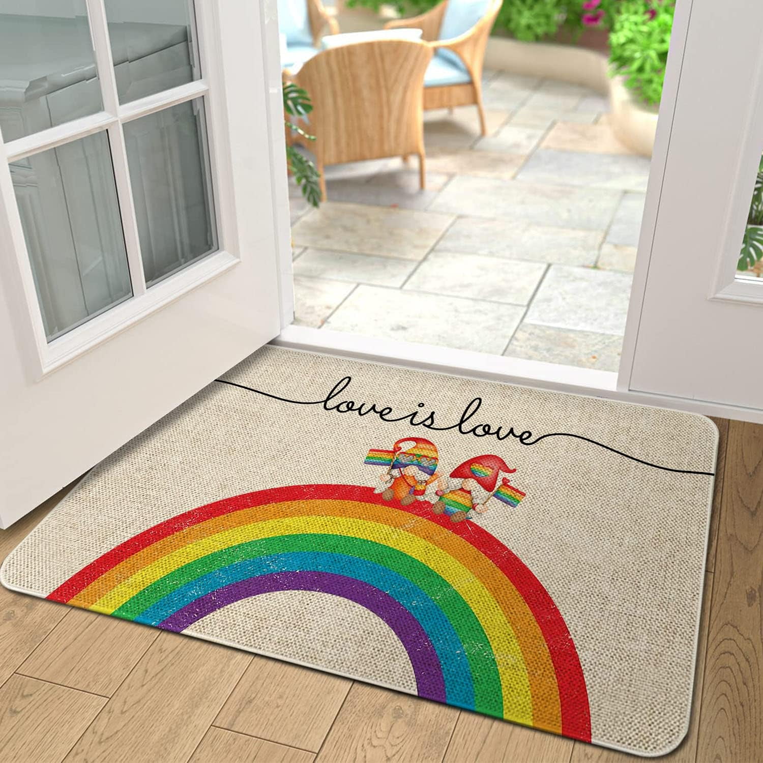 Love is Love Rainbow Door Mat 30 X 17 Inch Gay Pride Gnome LGBT Doormat Indoor Outdoor Entrance Floor Mat Non Slip Home Decor Rubber Welcome Mats