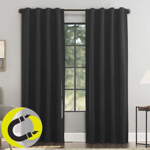 Sun Zero Treviso Linen Magnetic Closure 100% Blackout Back Tab/Rod Pocket Curtain Panel, 40"W x 84"L, Black