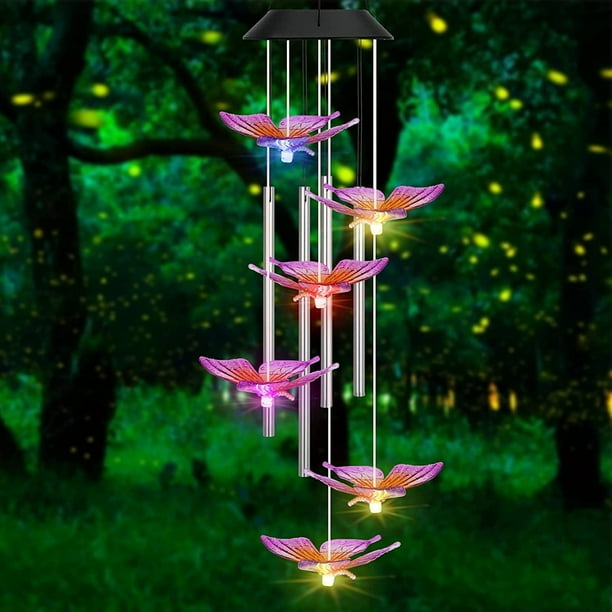 carillón de viento con energía solar, carillón de viento de mariposa LED que cambia de color con tubo de aluminio para mamá, abuela, regalo de San Valentín para jardín, patio y hogar.