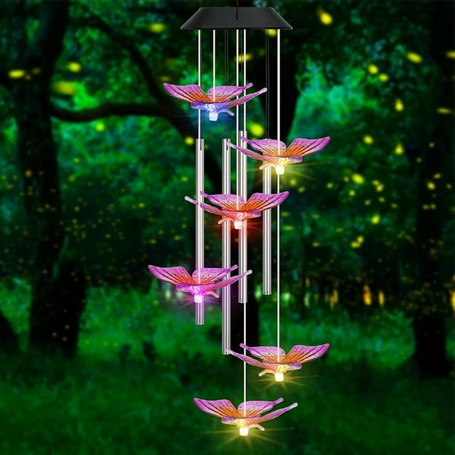 carillón de viento solar con forma de mariposa LED que cambia de color con tubo de aluminio para mamá, abuela, regalo de San Valentín para jardín y patio.