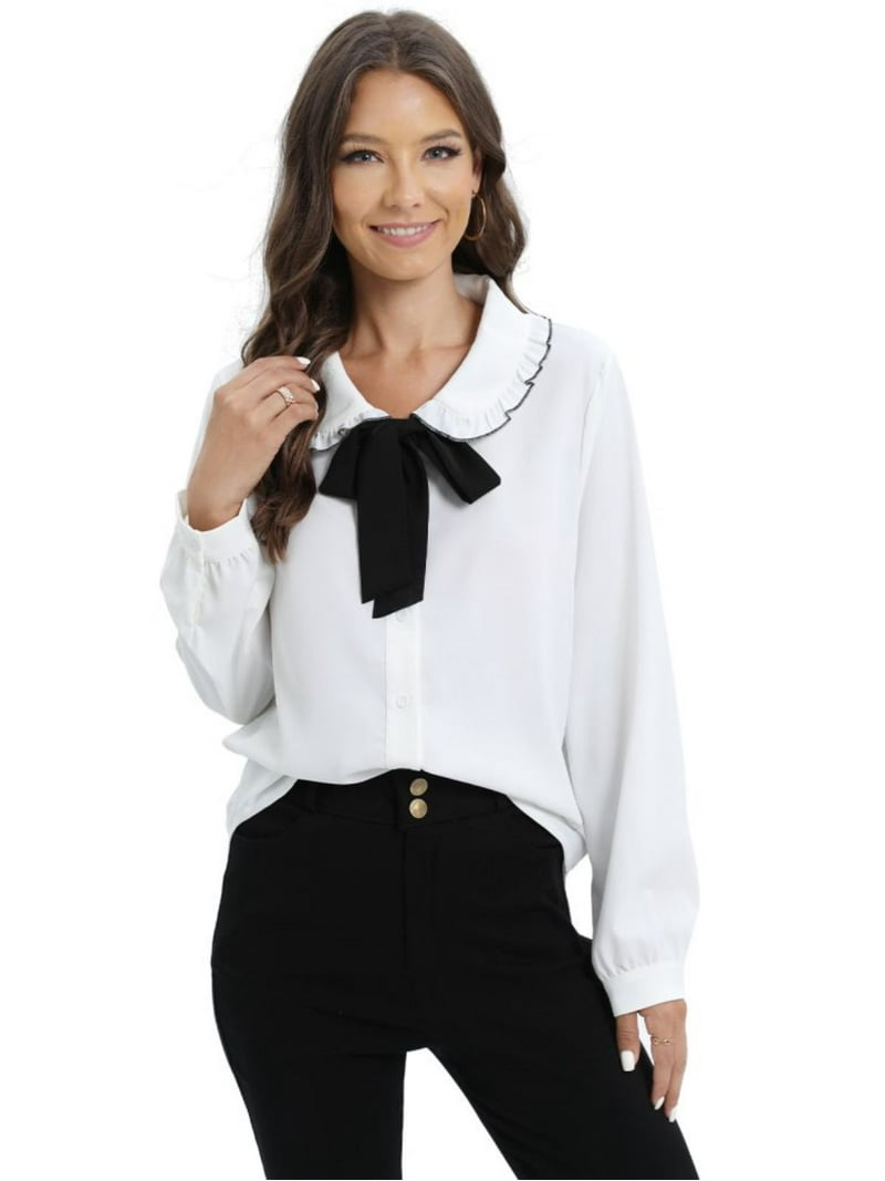 トップス vintage bow tie shirts white Women Chiffon Shirts Vintage Long-sleeve Bow Knot Blouses