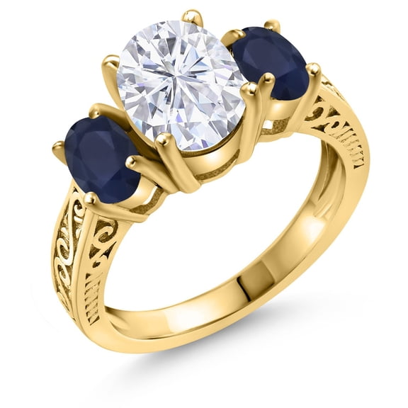 Gem Stone King 18K Yellow Gold Plated Silver Blue Sapphire and White Moissanite Ring for Women (3.21 Cttw, Size 8)