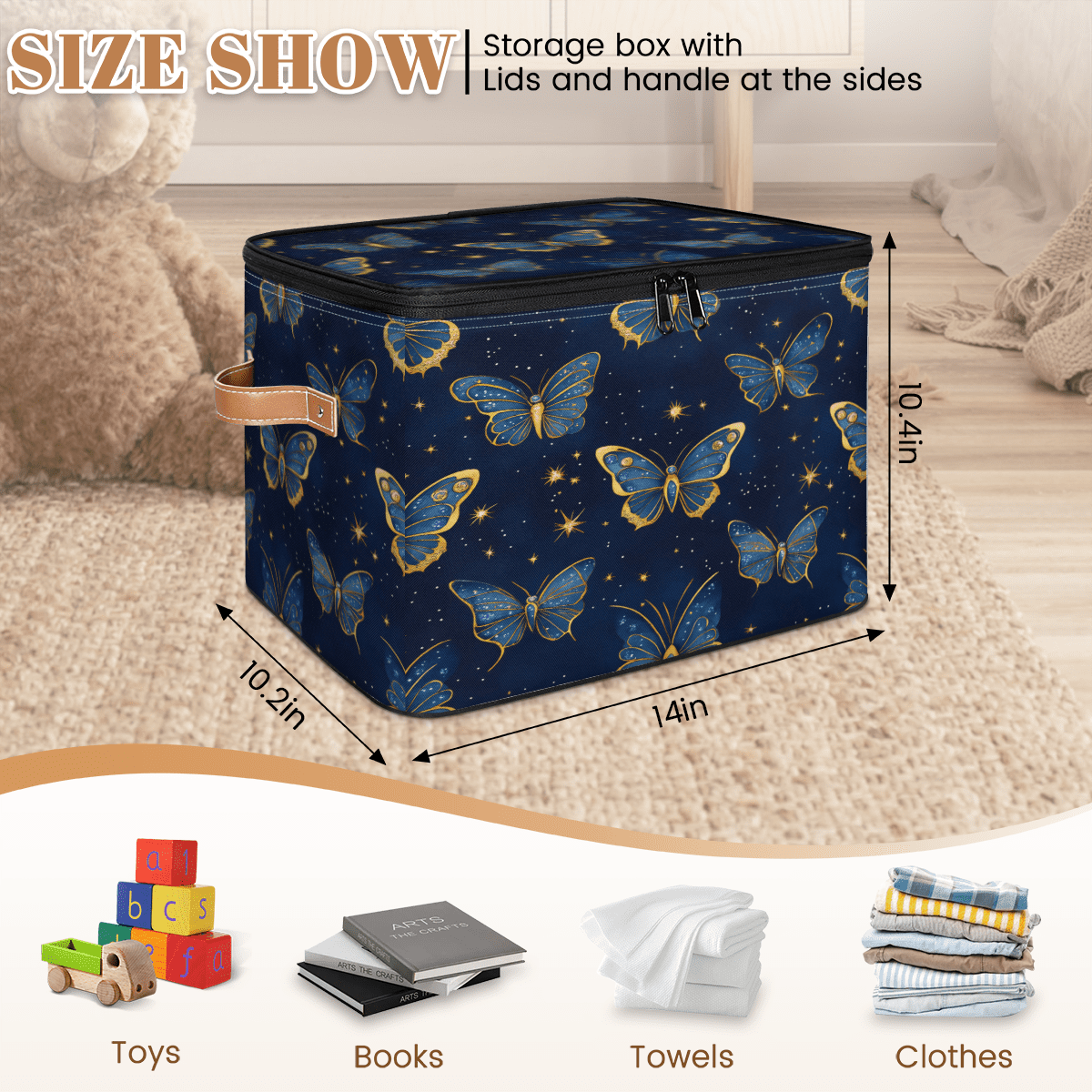 ADECORIVY Blue Gold Butterflies Storage Bin with Zipper Lid, Fabric Foldable Shelf Baskets Boxes, Closet Lidded Storage Bins, Decorative Clothes Organizer for Bedroom Home