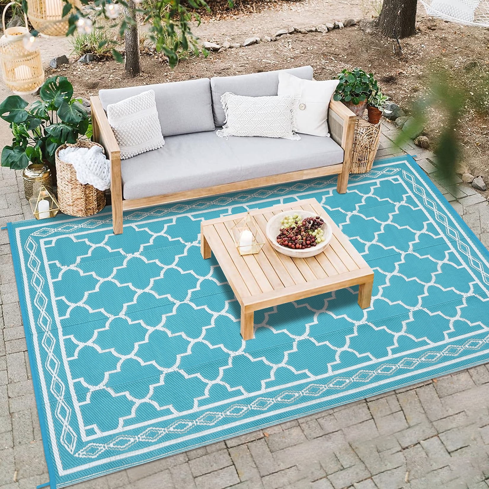 CAROMIO 5' x 8' Outdoor Rug for Patio Clearance, Reversible Straw Plastic Waterproof PP Tube Woven Area Rug, Blue & White