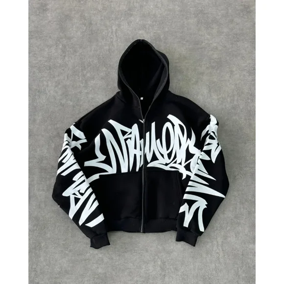 High Street Harajuku Retro Letter Graffiti Print Zipper Hoodie Men Y2k Gothic Hip Hop Punk Casual Oversized Sweatshirt Women