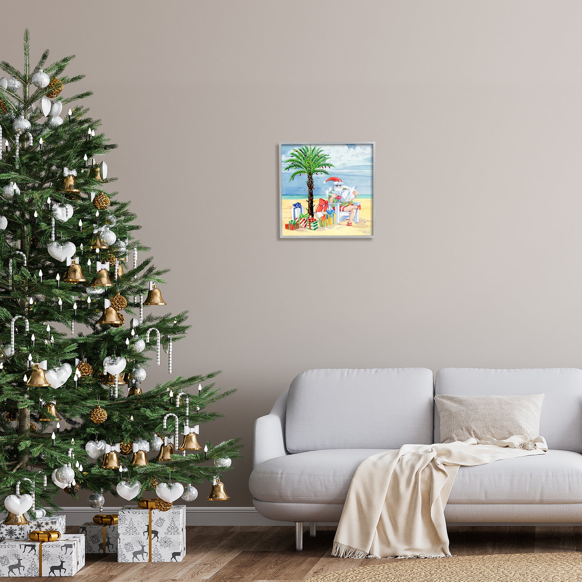 Stupell Industries Santa Claus on Beach Holiday Painting Gray Framed Art Print Wall Art, 17 x 17