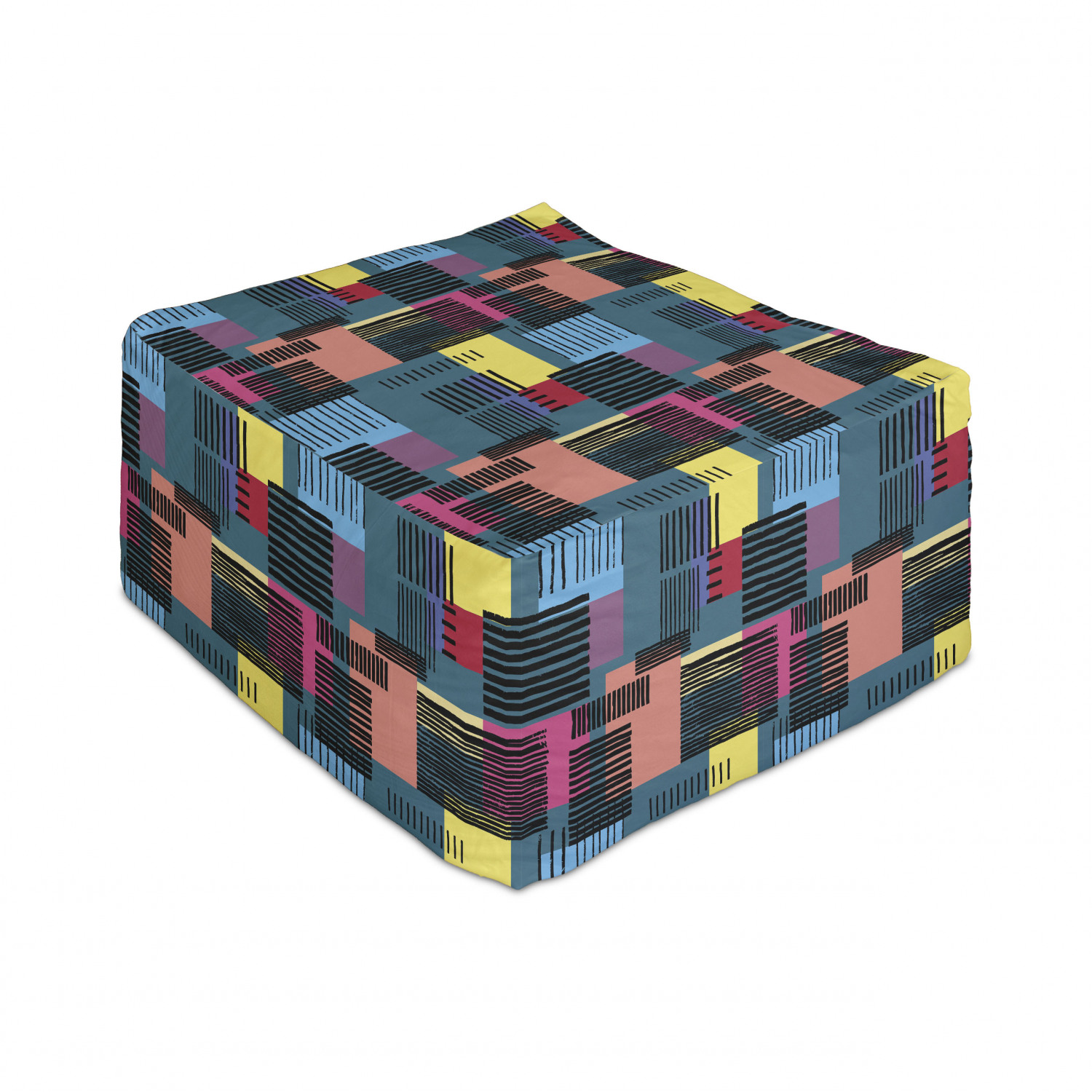 Rectangular Pouf Retro Rectangle Pouf, Hand Drawn Vintage Composition of Geometric ...