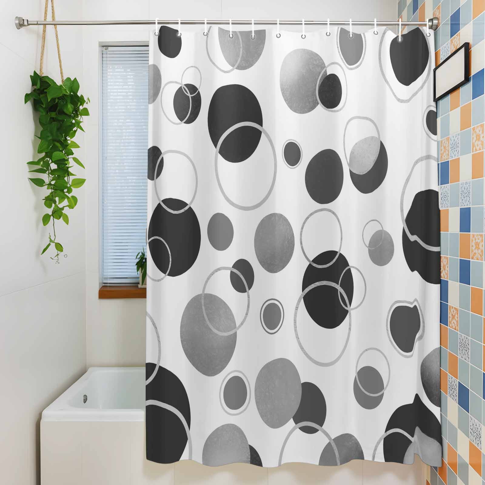 Grey Black Polka Dots Long Shower Curtain Set, Waterproof Shower Curtains for Bathroom, Modern Abstract Art Washable Fabric Cloth Bath Curtain for Bathtub Decoration with Hooks 72x84 Inches Geometric