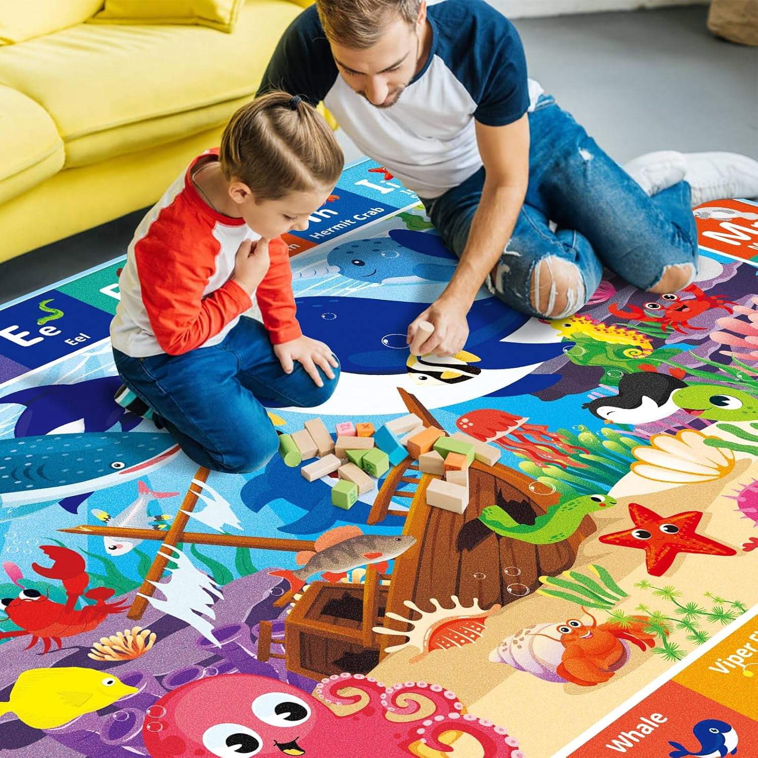 Baby Play Mat for Floor, Ocean ABC Kids Play Mat, Sea Animals Kids Rugs for Girls and Boys Playroom, Foldable Kids Rug Mat for Baby Toddler Infants Crawling Playing (78.7X59 INCH)