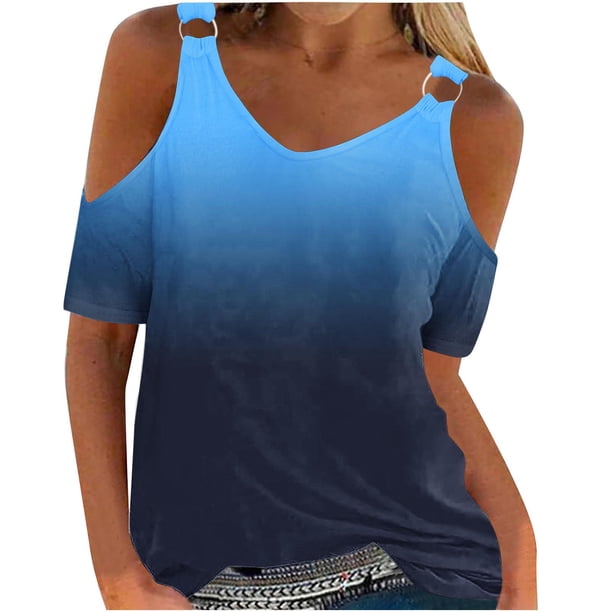 Camisas de Verano para las Mujeres Fuera Del Hombro Impreso Manga Corta Cuello Redondo, Camisas de Mujer Casual