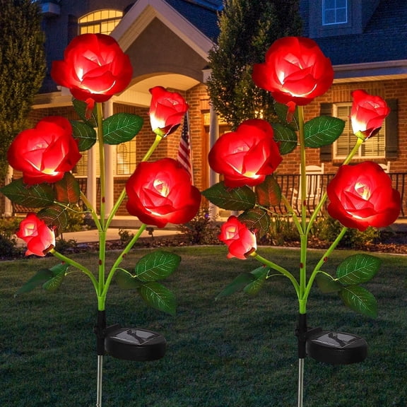 Rirool 2 Pack Red Solar Rose Flower Stake Lights, 10 LED Artificial Roses Outdoor Garden Decor, Waterproof Dusk to Dawn Pathway Lights for Patio Yard Walkway Romantic Landscape
