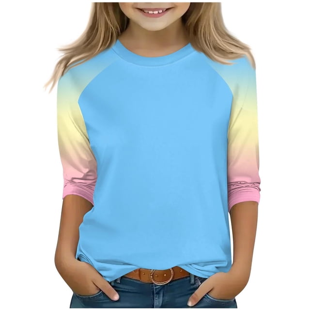 SERTG T-Shirt Mode Enfant Col Rond Manches 3/4 Imprimé Col Rond pour Été et Printemps 4-15 Ans (Bleu3,9 Ans)