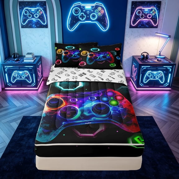 meiyoeat Neon Gamepad Gaming Zipper Twin Comforter Sets with Fitted Sheet and 2 Pillowcases for Kids Boys, Gamer Controller Zipper Bedding Set for Bedroom, Black, Gamepad ReversibleB