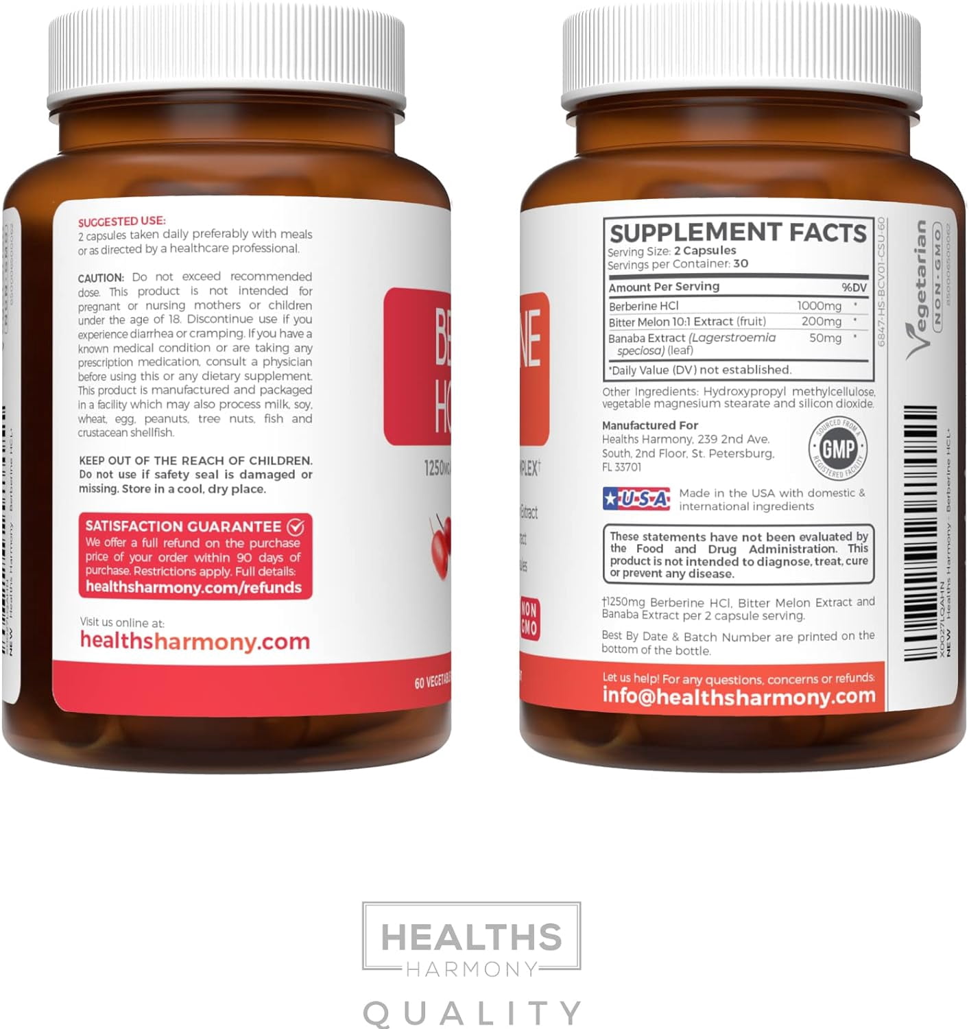 Healths Harmony Berberine Supplement, Berberine HCL with Bitter Melon & Banaba Leaf, 60 Capsules