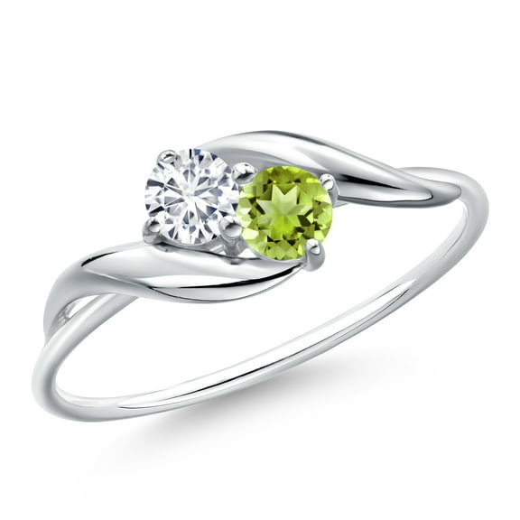 Gem Stone King 10K White Gold Round White Lab Grown Diamond and Green Peridot Ring for Women (0.38 Cttw, Round 3.5MM, Gemstone April Birthstone, Size 9)