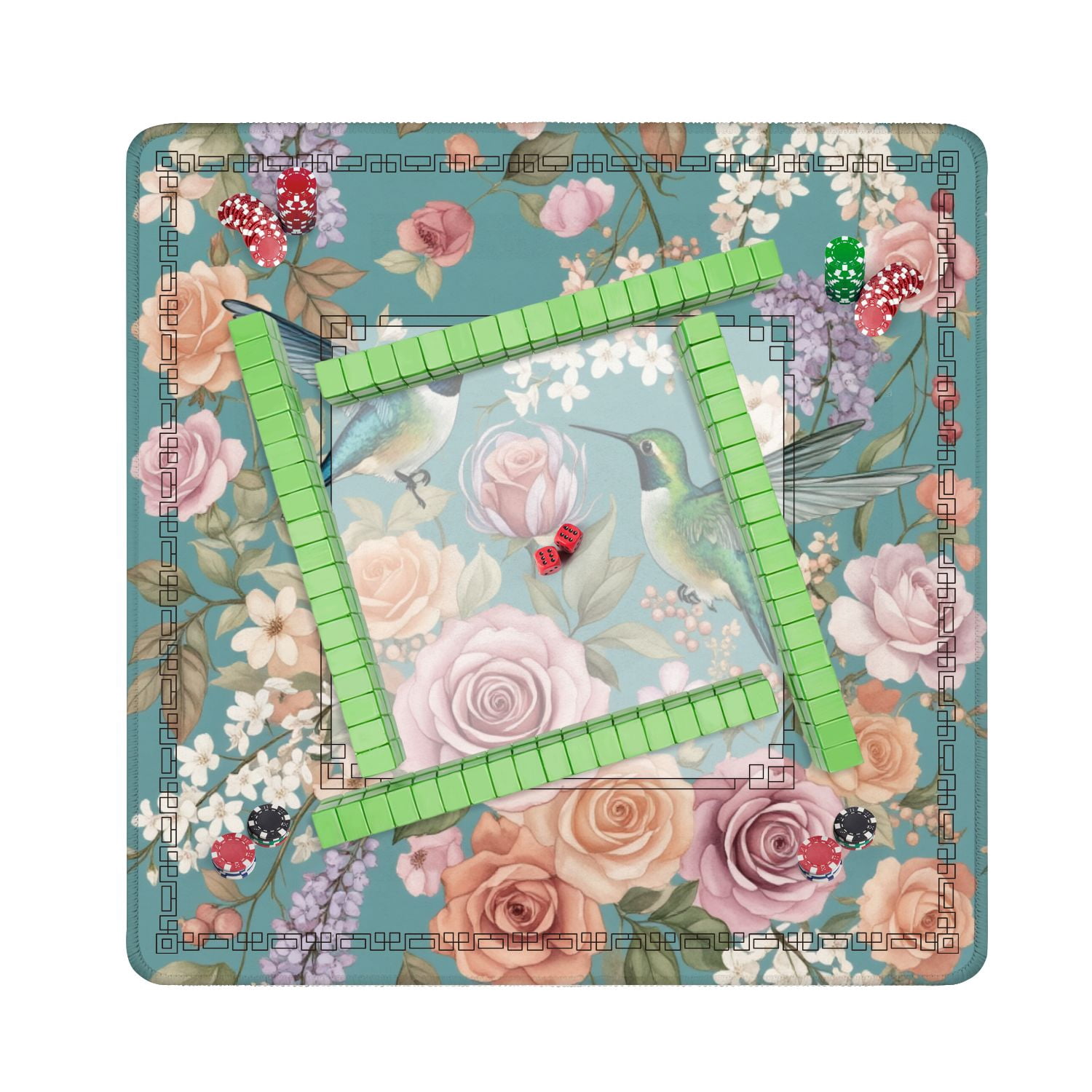 Mahjong Mat 31.5" x 31.5" Colorful Hummingbirds Amid Pink Peach Roses White Blossoms Teal Non-Slip Noise Reduction American Mahjong Tiles Table Cover for Dominoes Poker Card Board Games Gift