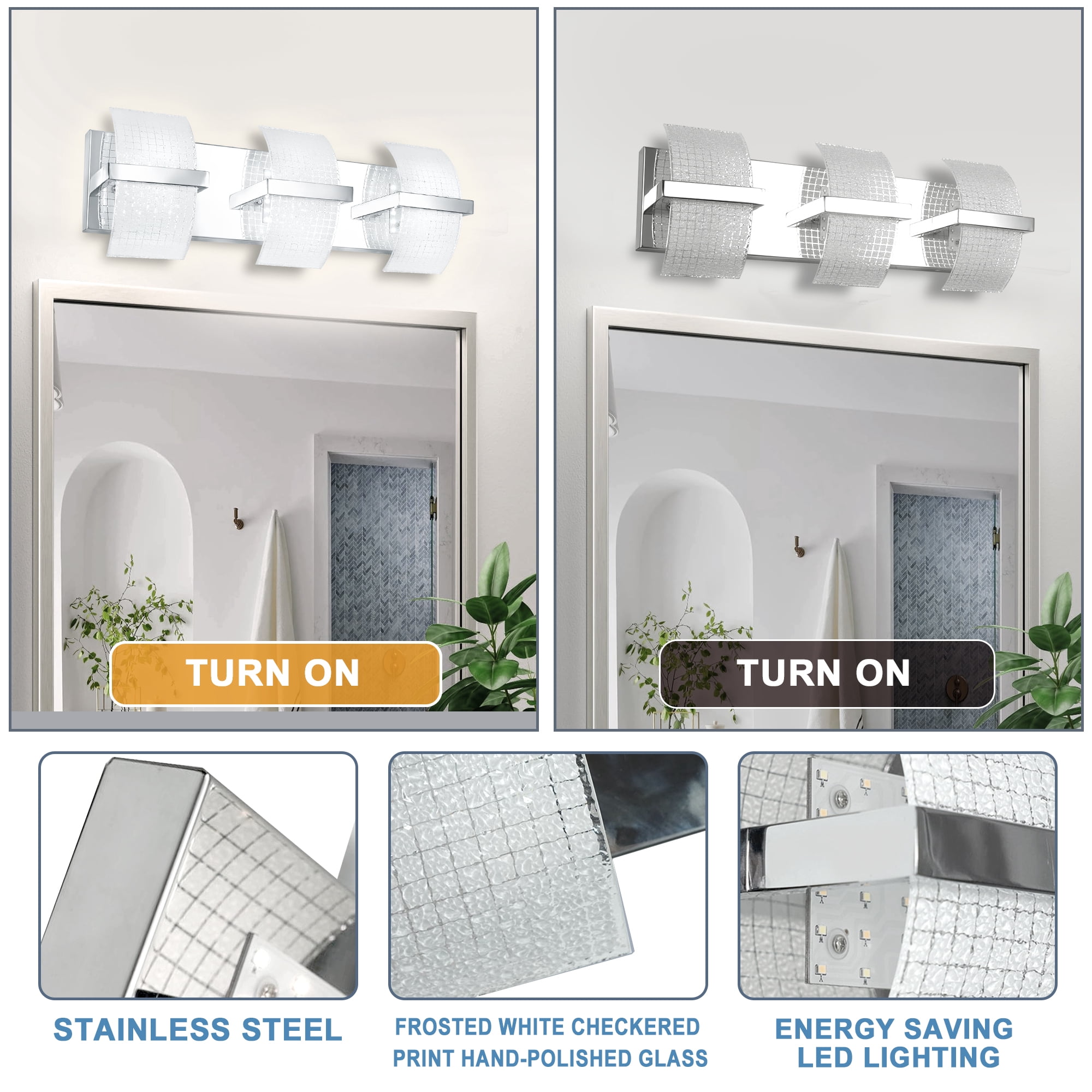 Uznhty LED Bathroom Light Fixtures over Mirror,Dimmable Vanity Lights for Bathroom Wall Light Fixtures with Thicken Ripple Glass Shade 3000K/4000K/5000K 3-Light Chrome