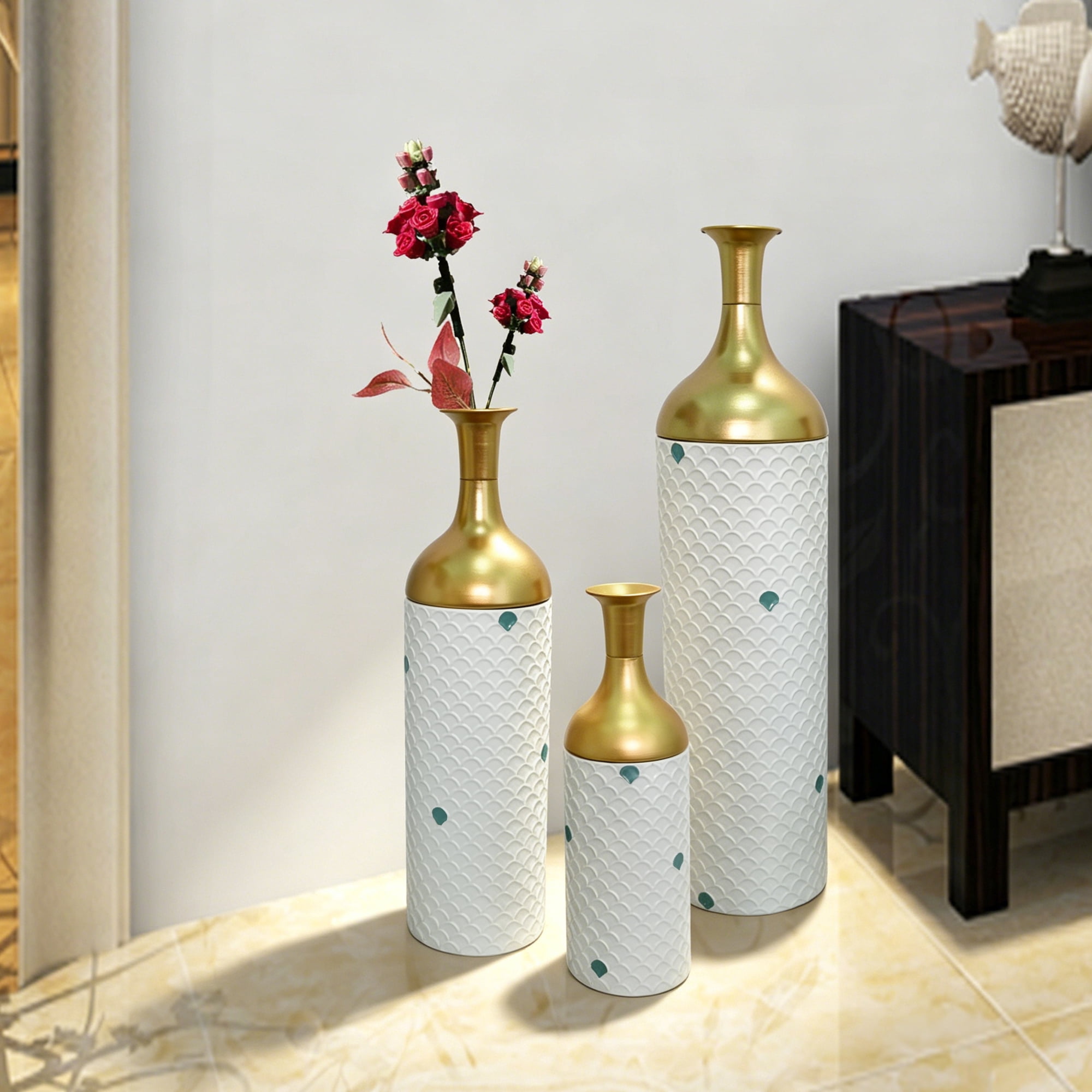 Leumius Decorative Metal Vases Set of 3, Gold Leaf Pattern Floor Vases, White & Gold Tall Vases for Home Decor, Living Room Entryway Decor