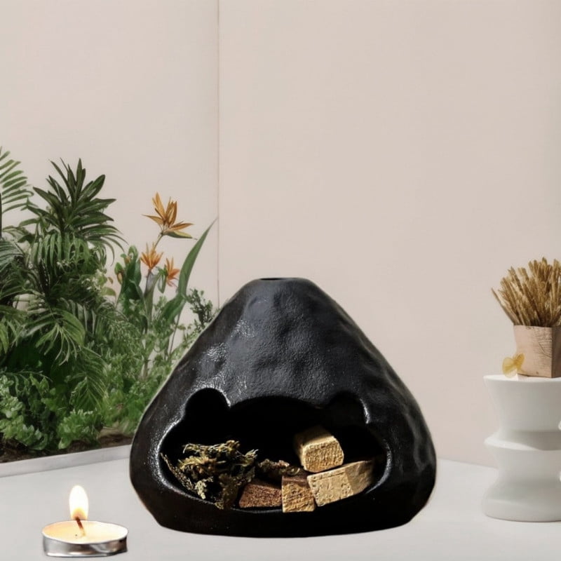 Matte Black Volcano Palo Santo Holder - Ceramic Incense Burner with Ash Catcher, Wabi-Sabi Style Palo Santo Holder Stick Holder for Smudging, Meditation, Yoga & Rustic Home Decor