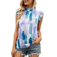 thumbnail image 2 of Ruffle Trim Sleeveless Blouse, Back Button Closure Printed Tank Tops Ink Painting Style Crewneck Elegant for Beach Party ANGGREK CC1711, 2 of 6