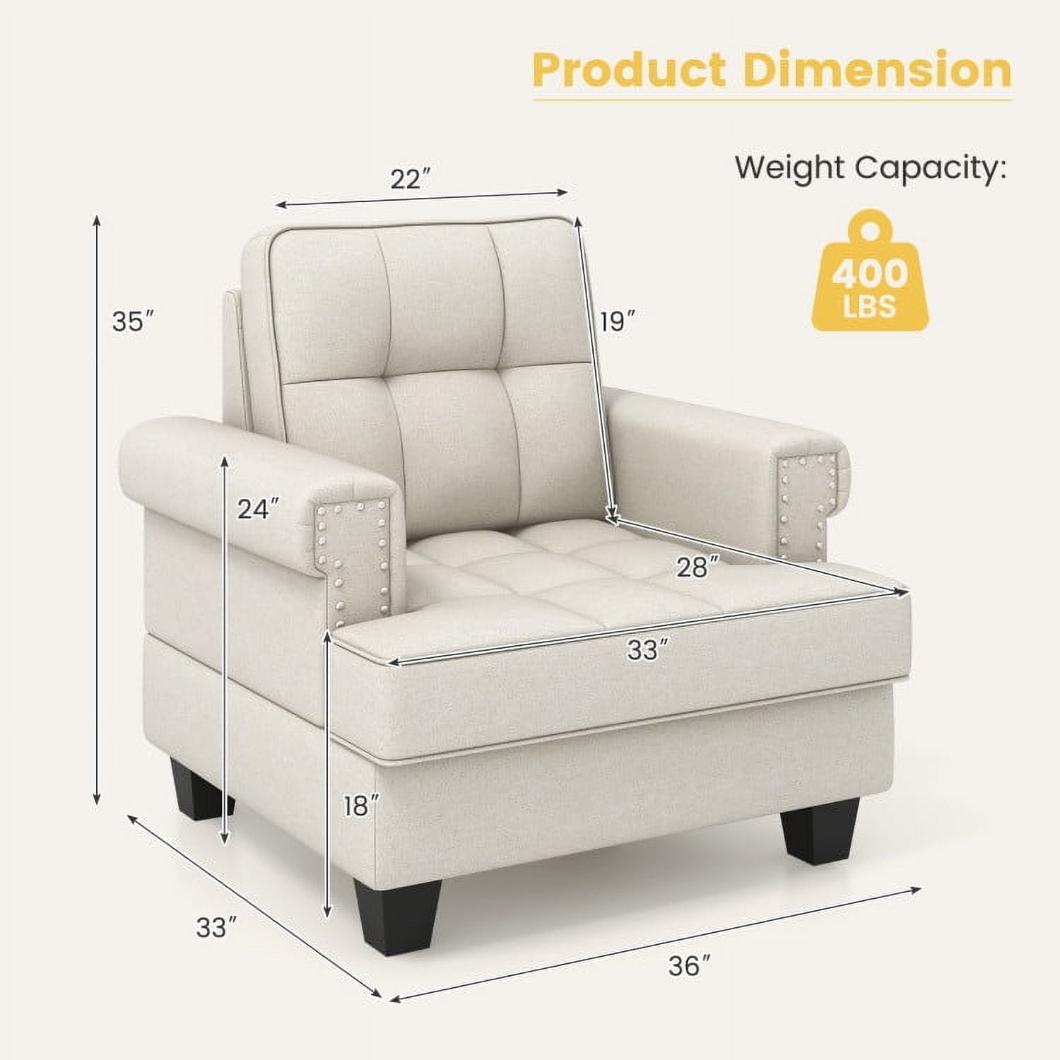 Demi Bonn Accent Chair, Upholstered Accent Armchair, Mid-century Modern Accent Armchair Tufted Linen Club Chair, for Living Room, Bedroom, Reception Room, Beige