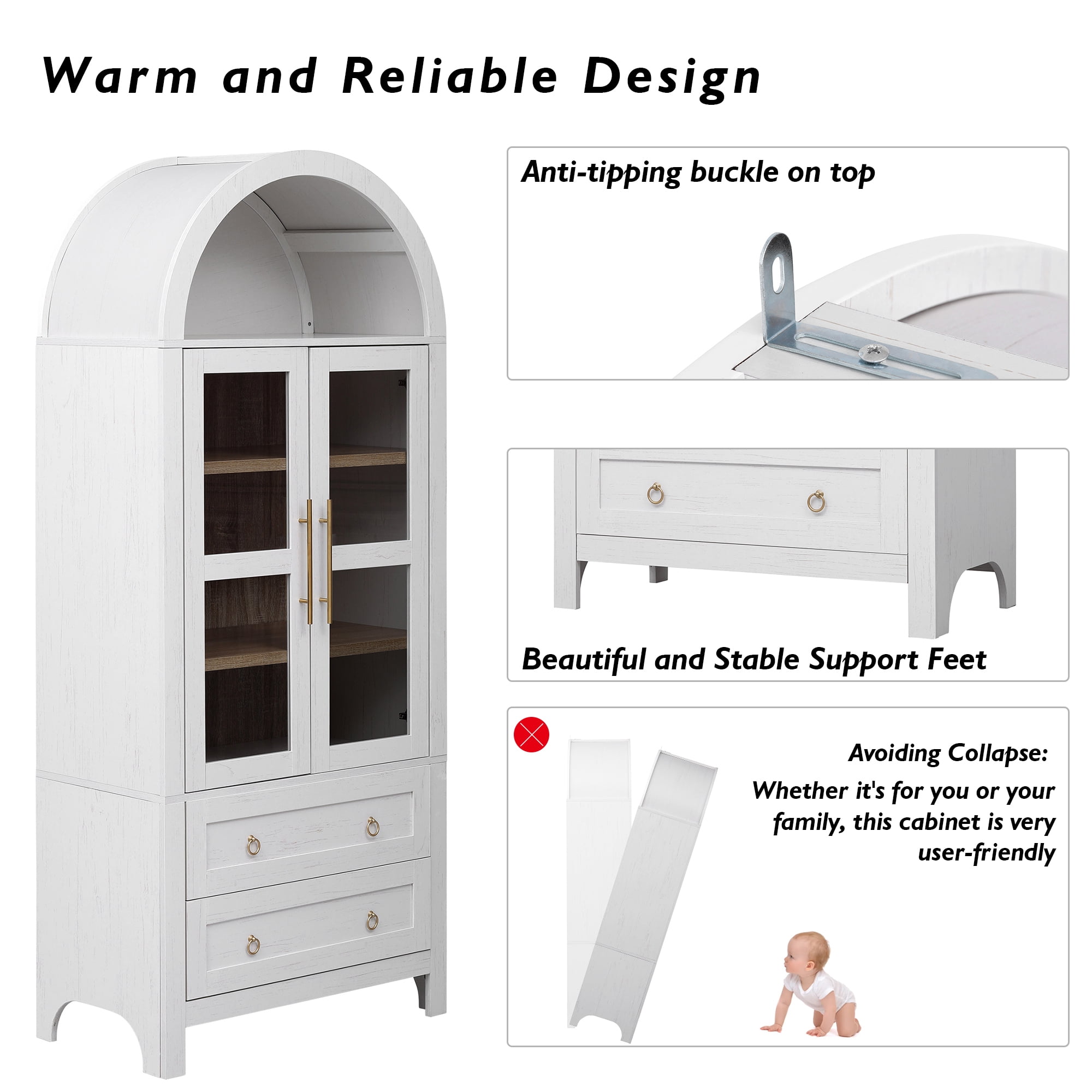 Harper & Bright Designs Arched Kitchen Pantry Cabinet with Glass Door and Shelves, Tall Farmhouse Kitchen Storage Cabinet with 2 Large Drawer and Versatile Cupboard, 71", White
