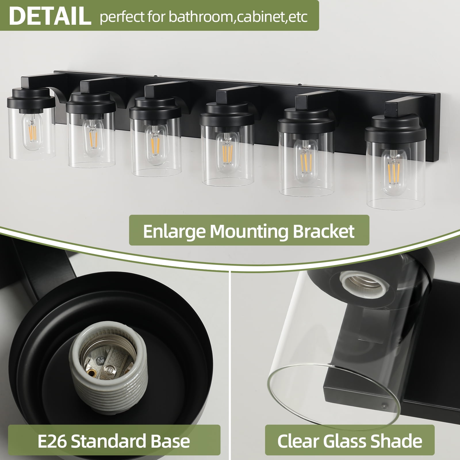 Miniyam 6 Light Bathroom Vanity Light, Matte Black Light Fixtures with Clear Glass Shade Over Mirror for Bedroom Living Room (E26,Bulb Not Included)