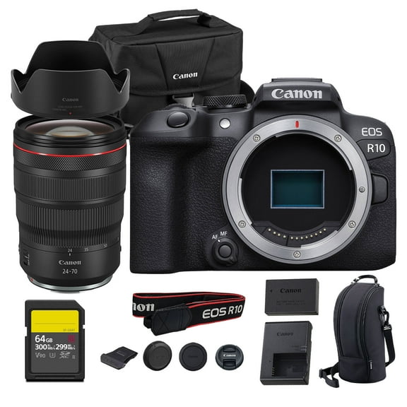 Canon EOS R10 Mirrorless Camera 24.2MP APS-C Sensor 4K Video Dual Pixel AF Compact Lightweight Vlogging Travel Camera (5331C002)   Canon RF 24-70mm Lens   64GB Card   Bag