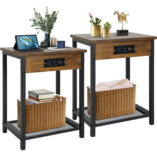 Side End Table with Charging Station Set of 2 Nightstand with Storage