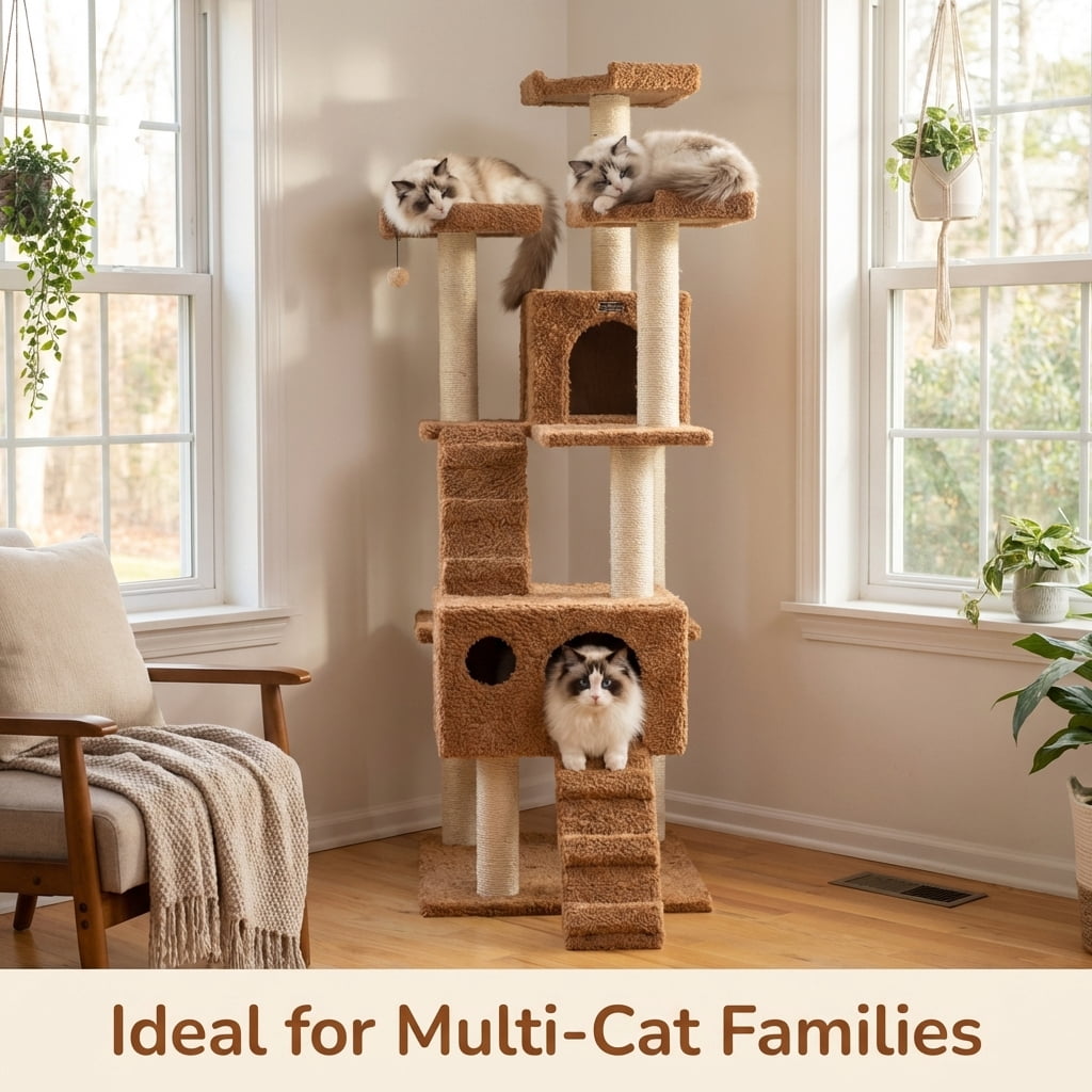 Multi-Level Cat Tree Tower, 74-Inch Tall Activity Center with Condos, Scratching Posts, Plush Cover, Brown